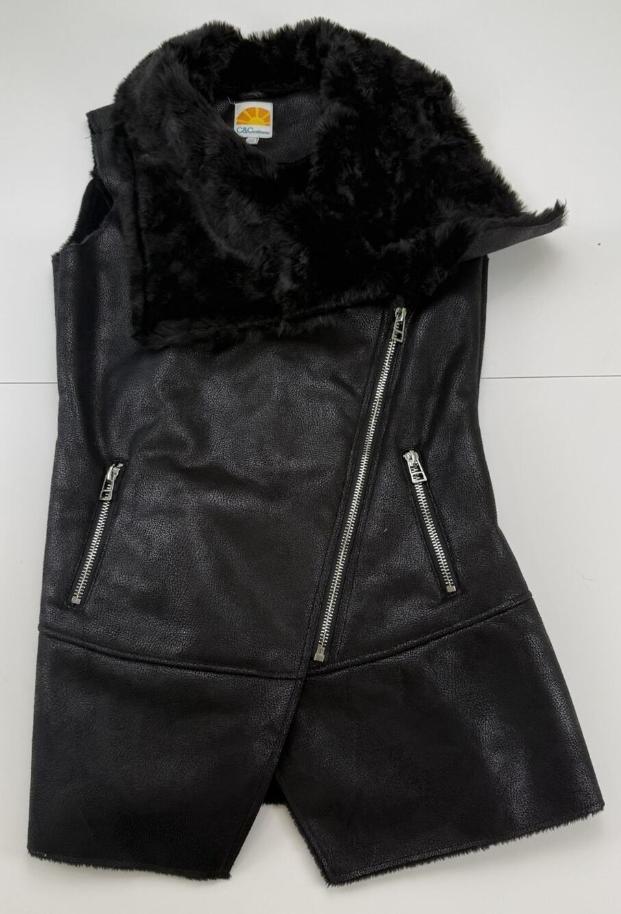 C&C California Womens M Black Faux Shearling Moto Vest Fur Collar Longline